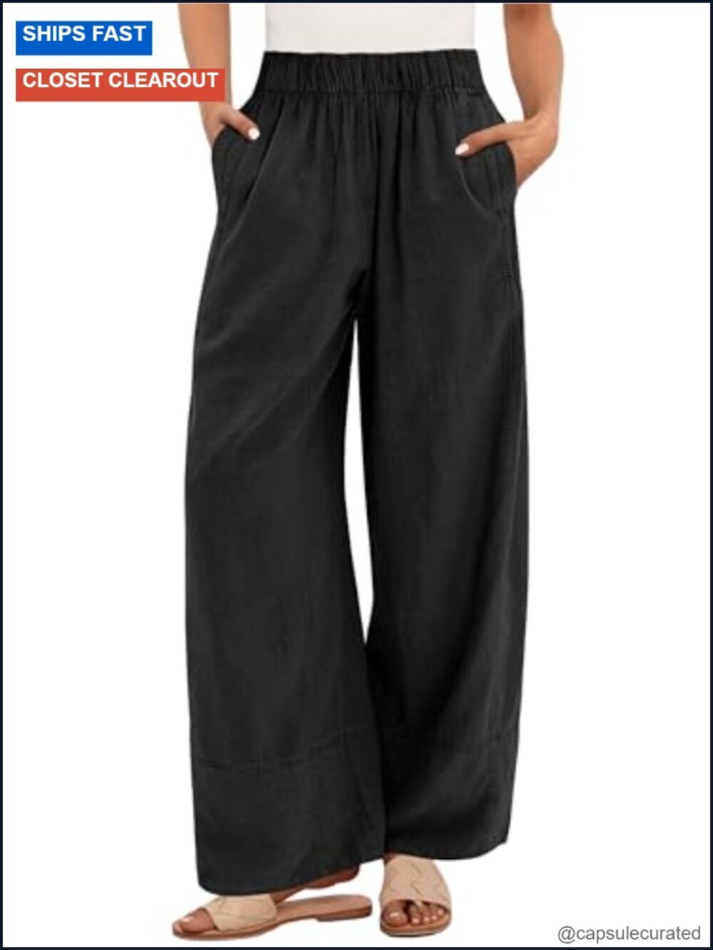 Wide Leg Linen Pants Elastic Waist Lounge Travel Trousers with Pockets